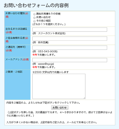 お問い合わせフォームの内容例