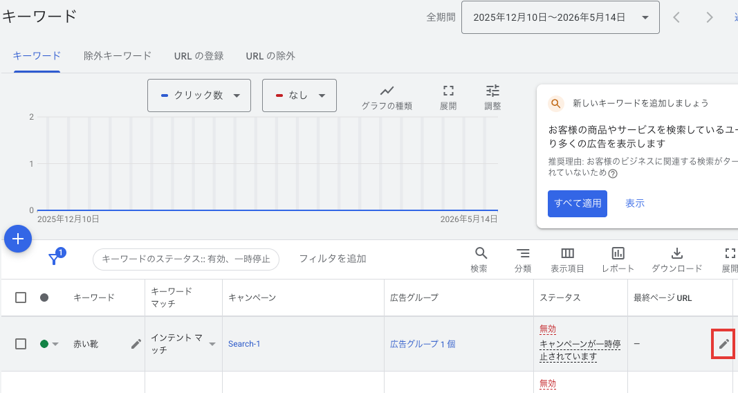 キーワード行にマウスを乗せると、行末に編集用の鉛筆アイコンが表示される